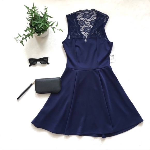 Lace Shoulder Dress in Navy - Picture 1 of 4